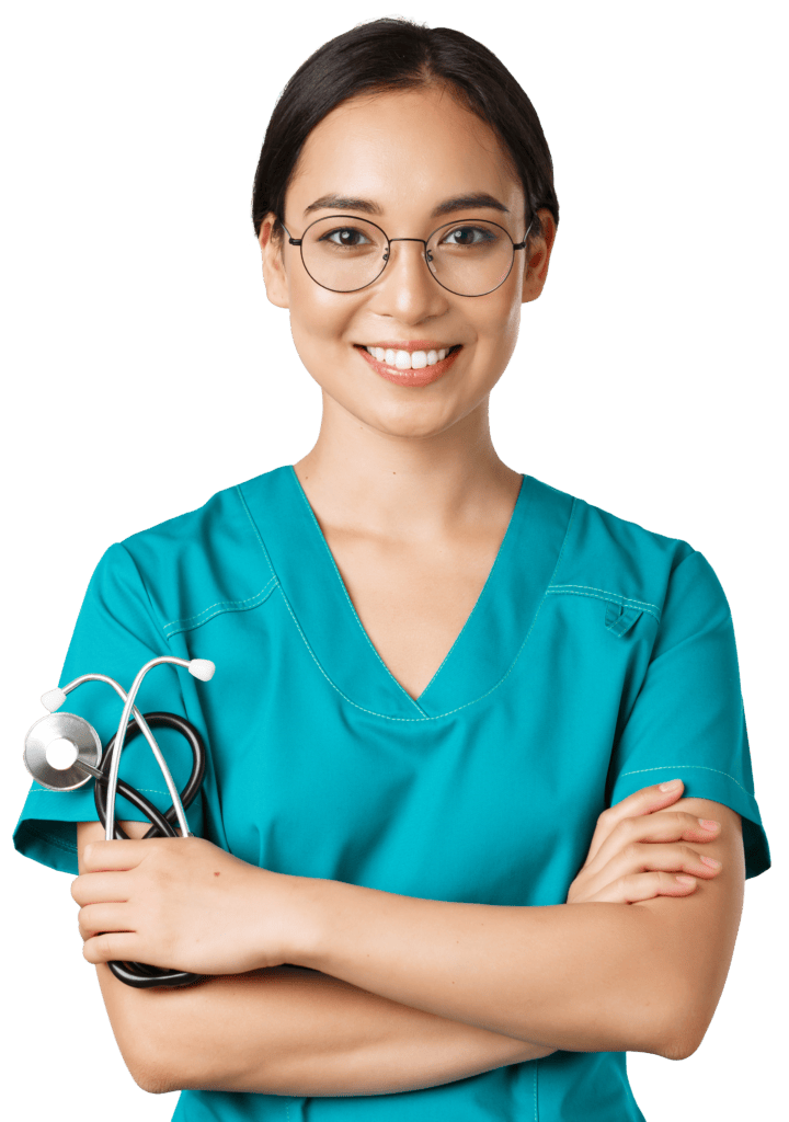 covid 19 coronavirus disease healthcare workers concept close up confident professional female doctor nurse glasses scrubs standing white background cross arms e1660199253397